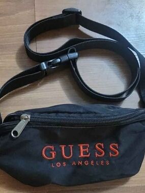 GUESS Black Belt Bag with Red Logo Embroidery